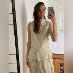 VTG 90s linen embroidered outfit sleeveless top & skirt NU construction